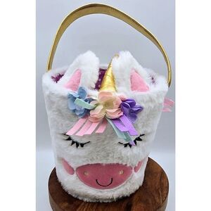 White Furry Unicorn Easter Basket Plush Basket Holder SWEET